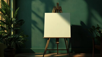 Blank canvas on wooden easel against a green wall, inviting artistic expression.
