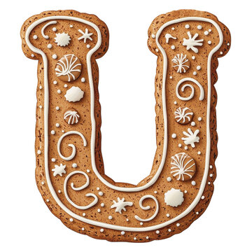 recommend clip art: Gingerbread uppercase letter U with white icing decoration on transparent background clipart