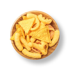 snacks potato chips tortilla chips in brown wooden bowl isolated on white background