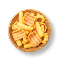 snacks potato chips tortilla chips in brown wooden bowl isolated on white background