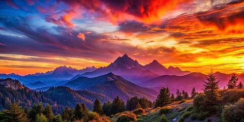 Breathtaking Sunset Over Majestic Mountains with Vibrant Colors and Calm Atmosphere, Perfect for Nature Lovers and Landscape Enthusiasts Seeking Scenic Beauty