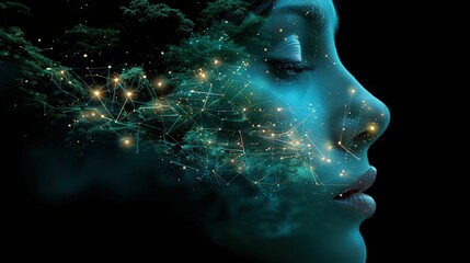 Surreal Art Concept Depicting Female Profile Merging with Cosmic Elements and Ethereal Glow Representing Dreams, Imagination, and Infinite Possibilities