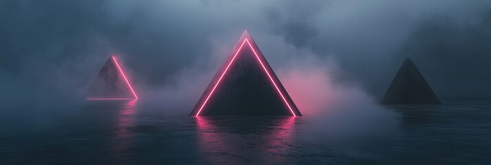Naklejka premium A series of three triangular structures are lit up in neon pink
