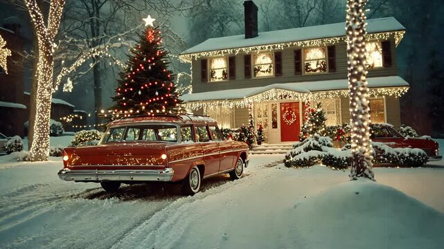 Vintage car of 60s with Christmas tree and gifts on roof parked in front of a decorated house in snow. Classic winter holiday scene.	
