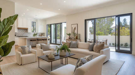 Bright and Airy Minimalist Living Room with Open Kitchen and Stylish Neutral Decor
