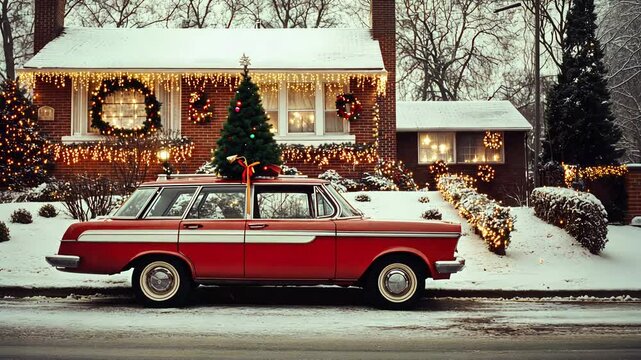 Vintage car of 60s with Christmas tree and gifts on roof parked in front of a decorated house in snow. Classic winter holiday scene.	
