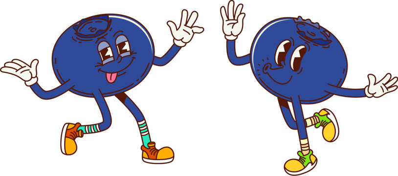 Cartoon groovy blueberry berry fruit characters. Isolated vector cheerful bilberry retro personages wears sneakers, , showcasing funky vibes and exuding a sense of wonder, summer mood and excitement