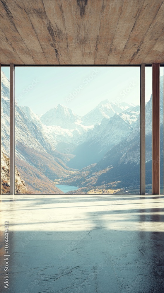 Poster A large window in a room with a view of mountains and a lake
