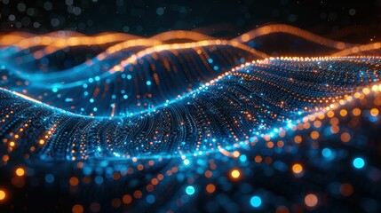 Abstract representation of digital waves with glowing particles in blue and orange tones, showcasing depth and movement in a futuristic environment