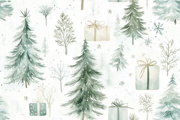 Watercolor seamless pattern with winter trees and gift boxes.