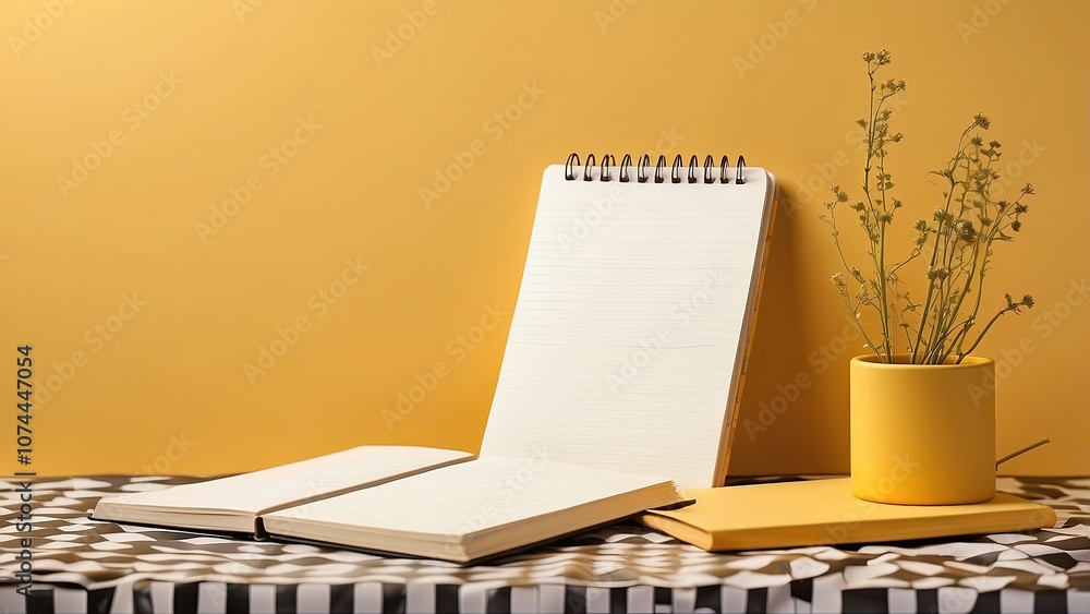 Poster a yellow backdrop with two notebooks with checkered pages-