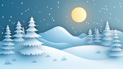 A serene winter landscape with snow-covered trees and a bright moon illuminating the peaceful night sky