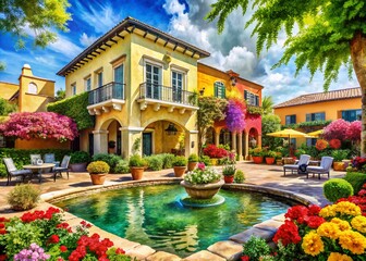Fototapeta premium Captivating Architectural Photography of Summer-Inspired Watercolor Structures Blending Nature and Design for a Vibrant Urban Landscape in Warm Tones and Soft Hues