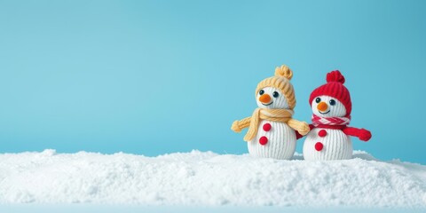 Cute little knitted snowmen in soft snow on blue background, cold, festive