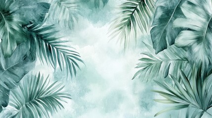 A serene watercolor background featuring lush tropical leaves and a soft, blended backdrop.