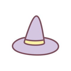 Cute wizard hat icon. Hand drawn illustration of a purple witch hat isolated on a white background. Kawaii Halloween sticker. Vector 10 EPS.