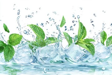 Refreshing water splash with ice cubes and mint leaves