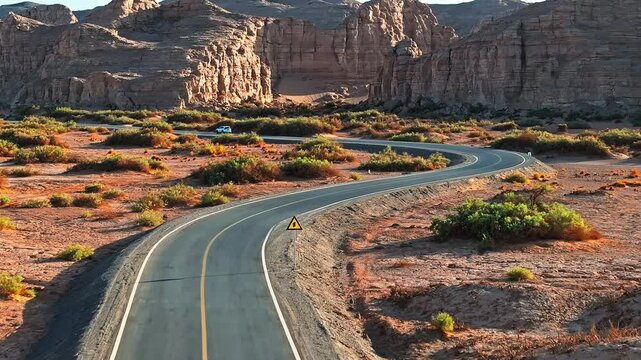 Asphalt road and Yardang landform mountain natural scenery in the morning. Famous Dahaidao no man's land natural landscape in Xinjiang, China.