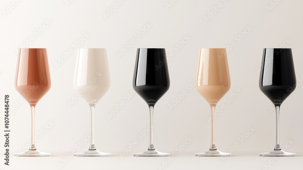Poster a row of five wine glasses, each with a different color, are lined up on a table