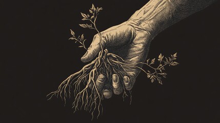 Nurturing the Growth of a Hand Caring for a Small Tree on a black background