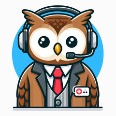 OWL CARTOON AS A REPORTER NEWS WITH HEADPHONE