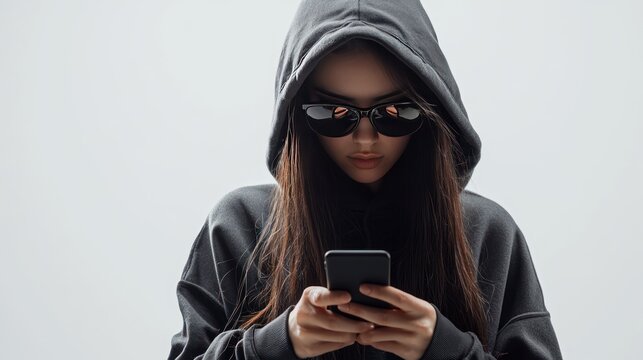 A female hacker standing and using a mobile phone while looking around carefully on a white background, wearing a hoodie and sunglasses. Mysterious and determined pose