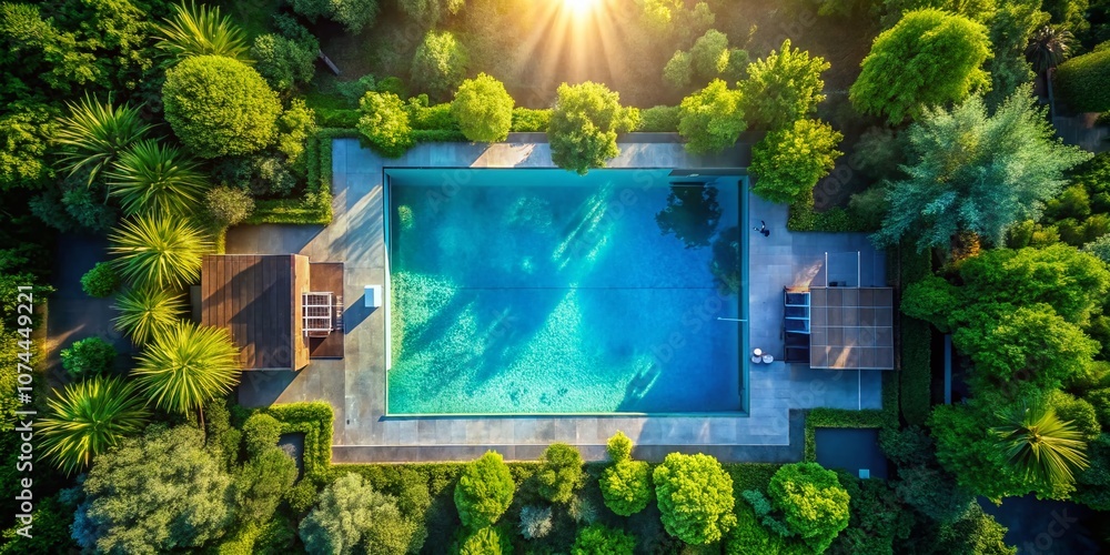 Poster captivating double exposure of drone shot over crystal blue pool with light reflections merging natu