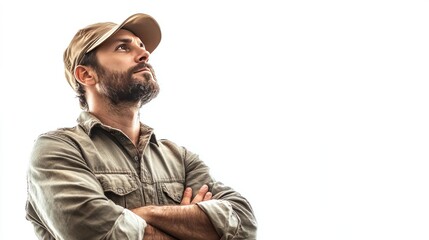A male farmer stands with his arms crossed and looking at his crops on a white background, wearing farm work clothes and looking proud of his work