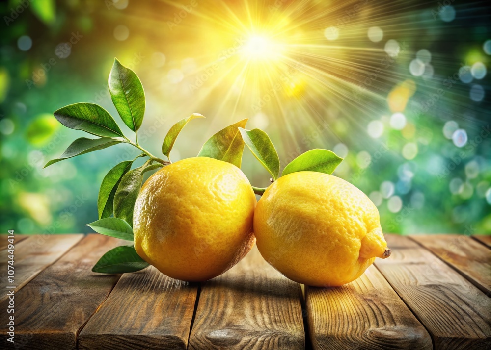 Poster captivating double exposure of two lemons on a rustic wooden table surrounded by natural elements fo