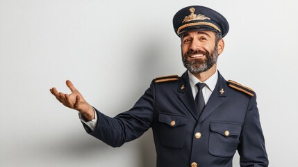 A male pilot is gesturing and explaining the flight plan on a white background. He is wearing a pilot uniform. His face is enthusiastic and trustworthy.