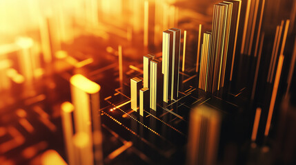 Futuristic golden abstract bar chart with depth of field and glowing light