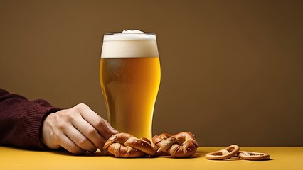 ands holding a pretzel and a glass of beer on a yellow background with text space produced using