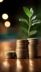 Financial Growth,Plant Growing from Coins,Business Investment Concept on Blurred Background