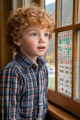 Curious young boy with bright red hair, captivated by a colorful interactive display on the window.