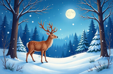 Winter landscape with deer in night snowy forest. Christmas Holiday greeting card. Watercolor cartoon illustration