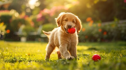 A golden retriever puppy playing with a red ball in a sunlit garden 