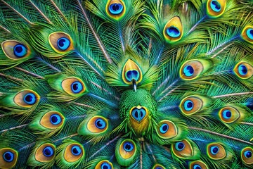 Captivating Drone Photography Showcasing Peacock Feather Patterns in Teal and Royal Blue with Iridescent Green Highlights for Nature and Wildlife Enthusiasts
