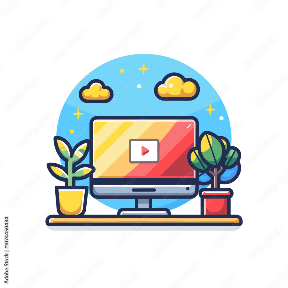 Poster vector illustration of a flat design of a computer monitor with a video camera on the screen, surrou