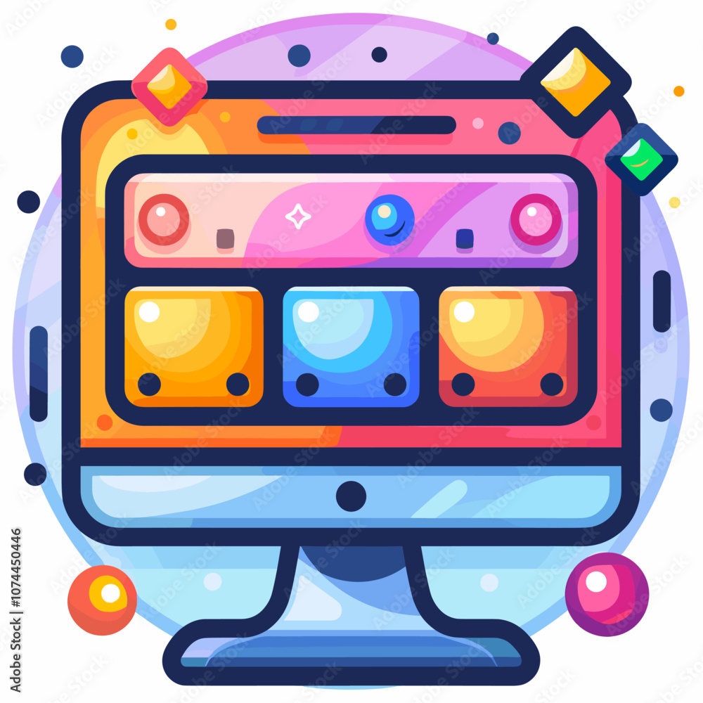 Poster colorful cartoon illustration of a computer monitor with colorful game buttons.