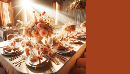 Banquet table set in peach tones bathed in sunlight. Wedding. Invitation.