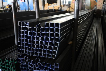 steel pipe product group square pipe Construction steel products such as black steel pipes, image ideas, examples of steel products.metal warehouse industry, delivery to customers.