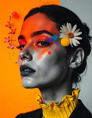 Modern Artistic Portraits with Bold Colorful Geometric Elements, Creative Collage Art: Black and White Portraits with Vibrant Abstract Shapes