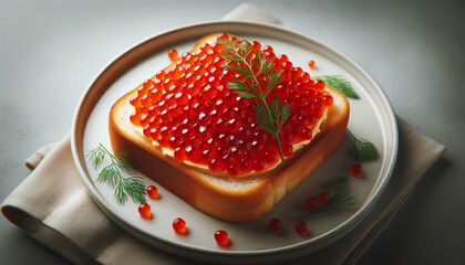 Delicious fresh red caviar on the table. Beautifully presented sandwich with red caviar on top view. For breakfast. Menu. Copy space. Healthy concept. Omega.