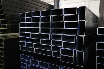 steel pipe product group square pipe Construction steel products such as black steel pipes, image ideas, examples of steel products.metal warehouse industry, delivery to customers.