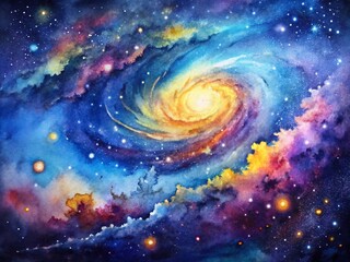 Fototapeta premium Captivating Galaxy Watercolor Art with Starry Skies and Cosmic Colors in a Dreamy Composition, Perfect for Backgrounds and Artistic Projects with Ample Copy Space