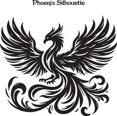 Phoenix Bird Black Silhouette Isolated Vector . 
A powerful phoenix silhouette with wings spread, symbolizing rebirth and strength.