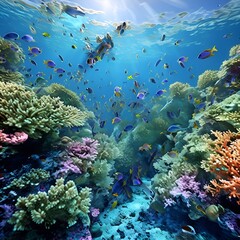 Obraz premium Beautiful view of sea corals and underwater world and beautiful fishes.