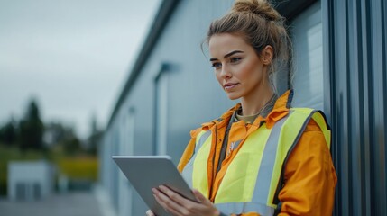 Female solar technician standing looking at plans on tablet on white background, wearing reflective vest, determined and focused face