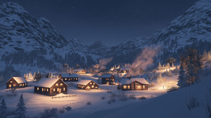 Cozy Snowy Mountain Village at Night with Warm Glowing Lights in Winter Wonderland