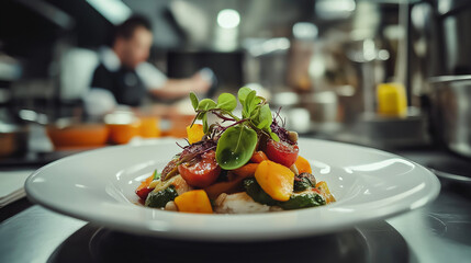 Gourmet Dish with Fresh Vegetables and Herbs Served in a Professional Restaurant Kitchen